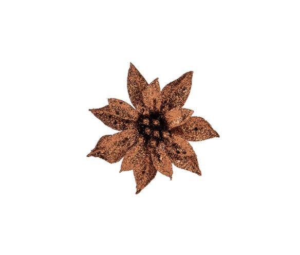 Petite fleur de Noël Poinsettia bronze pailleté avec clip.

Diamètre 8cm.