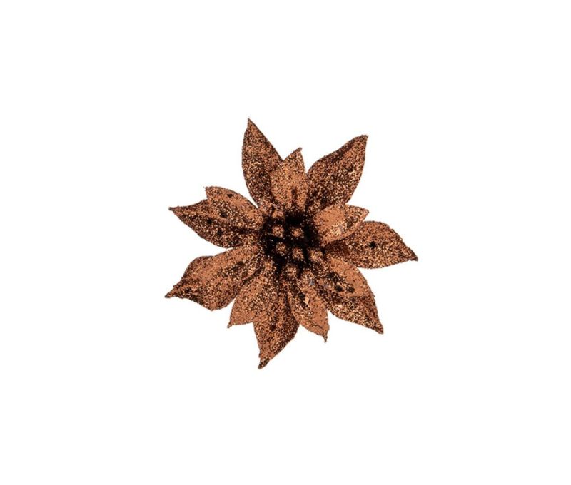 Petite fleur de Noël Poinsettia bronze pailleté avec clip.

Diamètre 8cm.