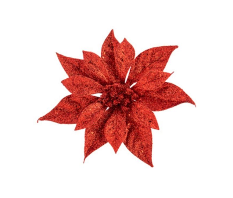 Fleur de Noël poinsettia rouge pailleté brillant sur clip métallique diamètre 18cm
