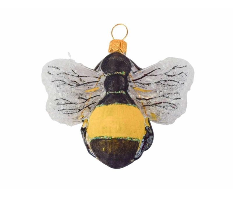 Boule de Noël abeille jaune et noire en verre soufflé, décorée à la main. Made in Europe, Hauteur : 5cm