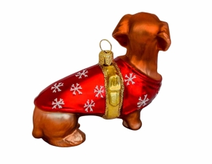 Suspension de Noël chien teckel avec petit pull de Noël rouge, verre soufflé et décoré à la main. Made in Europe. Hauteur : 7cm