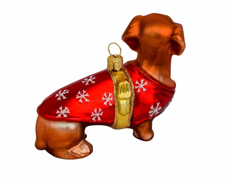 Suspension de Noël chien teckel avec petit pull de Noël rouge, verre soufflé et décoré à la main. Made in Europe. Hauteur : 7cm