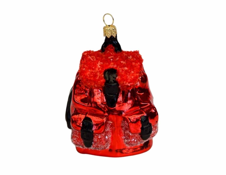 Boule de Noël originale sac à dos rouge et noir en verre soufflé pour sapin de Noël. Hauteur 10cm