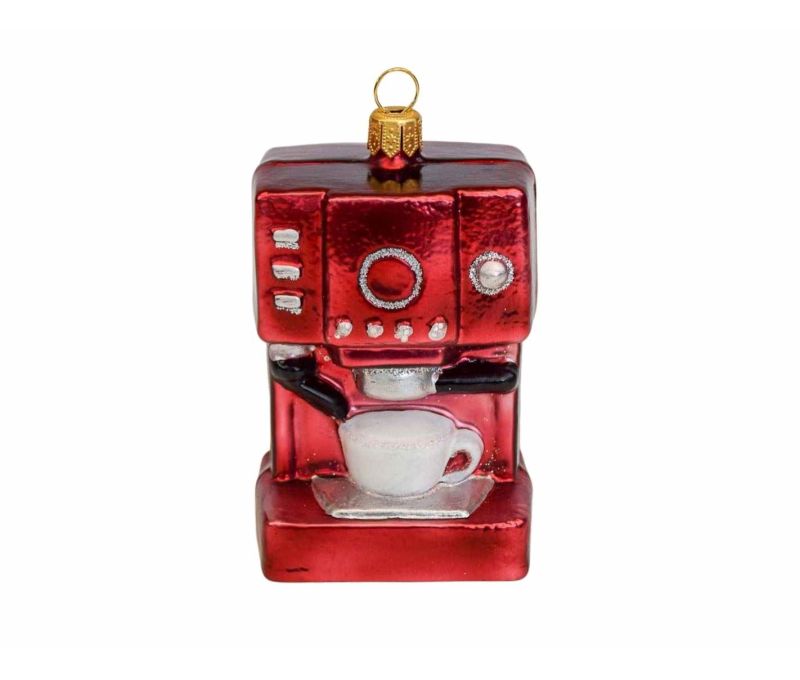 Suspension de Noël originale en forme de machine à café vintage bordeaux en verre soufflé pour sapin de Noël.