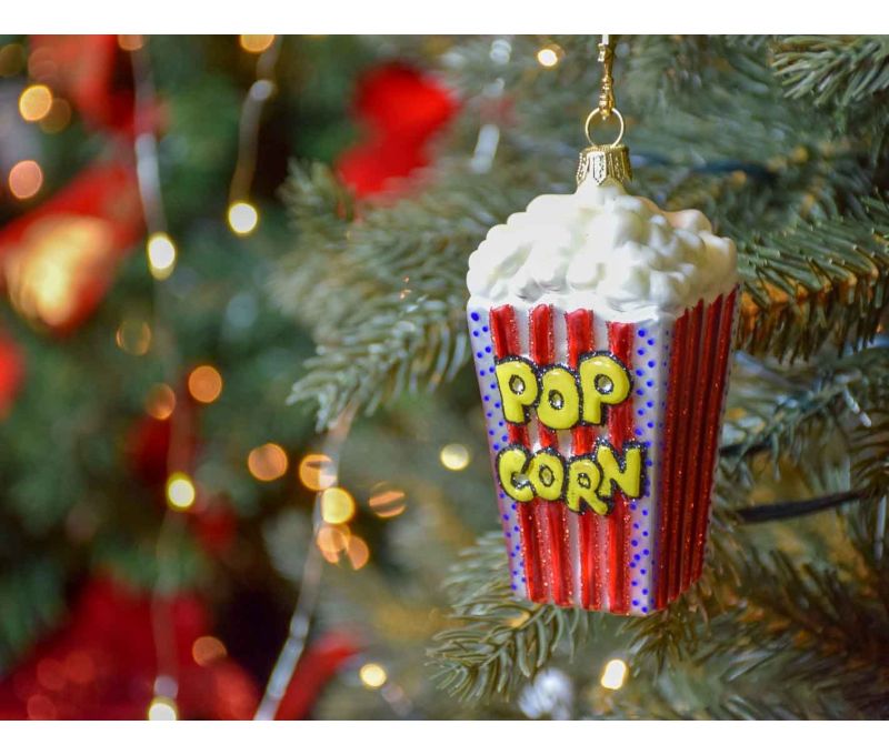 Boule de Noël originale paquet de popcorn rouge et blanc en verre soufflé, pour sapin de Noël.