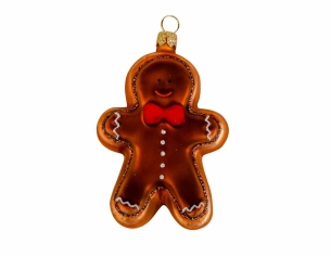 Boule de Noël bonhomme en pain d'épices avec noeud papillon rouge, verre soufflé et décoré à la main.
