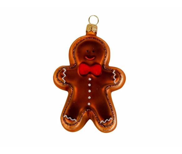 Boule de Noël bonhomme en pain d'épices avec noeud papillon rouge, verre soufflé et décoré à la main.
