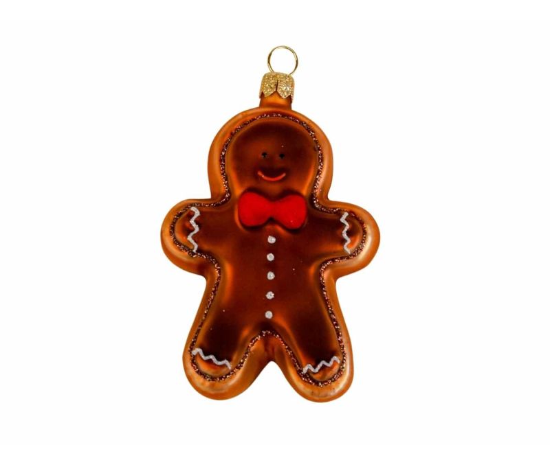 Boule de Noël bonhomme en pain d'épices avec noeud papillon rouge, verre soufflé et décoré à la main.