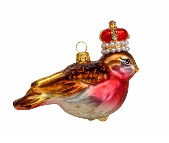 Suspension de Noël oiseau rouge gorge avec couronne en perle, verre soufflé et décoré à la main en Europe.