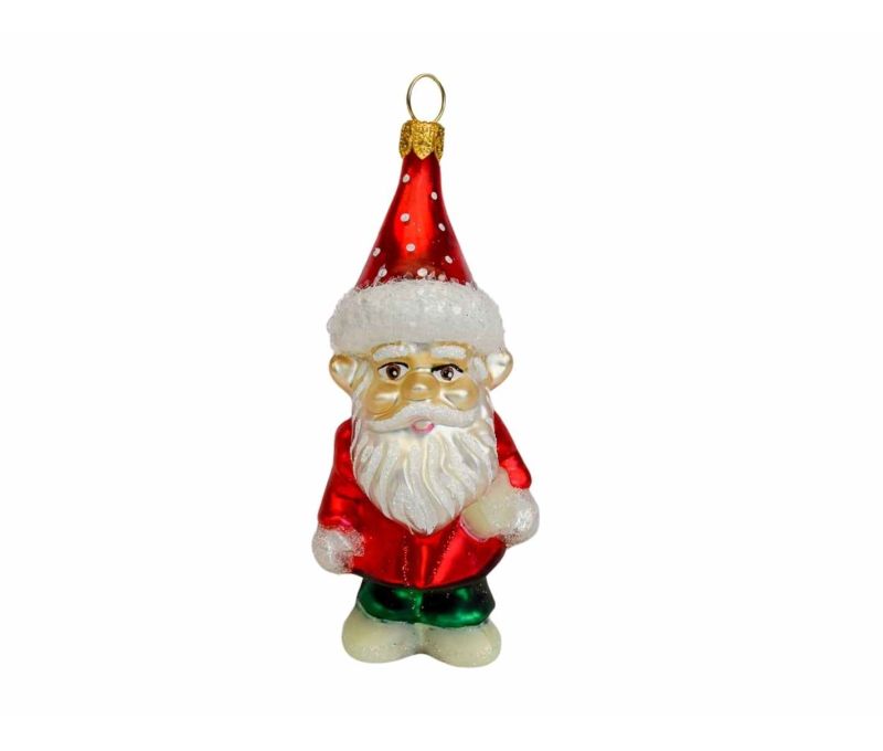 Boule de Noël lutin rouge et vert avec bonnet rouge à pois blancs, verre soufflé décoré à la main. Hauteur : 10cm
