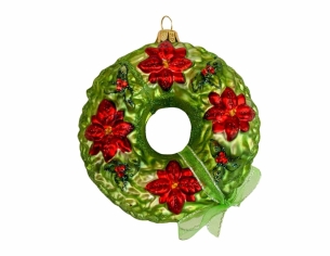 Suspension de Noël en verre soufflé en forme de couronne de Noël avec décors de poinsettia rouges. Diamètre 10cm
