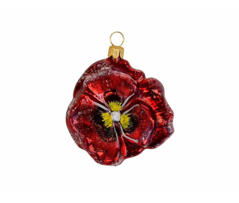 Suspension originale en verre soufflé, fleur pensée rouge. Diamètre : 7cm