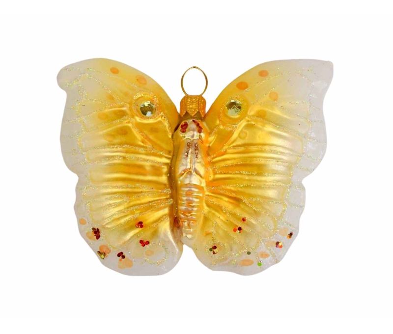 Boule de Noël originale papillon jaune et blanc en verre soufflé, décoré à la main et Made in Europe.