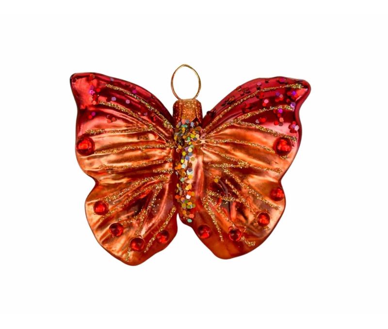 Suspension de Noël papillon orange et rouge, perles rouges. Verre soufflé et décoré à la main.