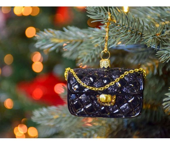 Boule de Noël originale sac de luxe noir avec chaîne dorée verre soufflé H 6cm. Lilosquare.