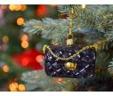 See slide Boule de Noël originale sac de luxe noir avec chaîne dorée verre soufflé H 6cm. Lilosquare.