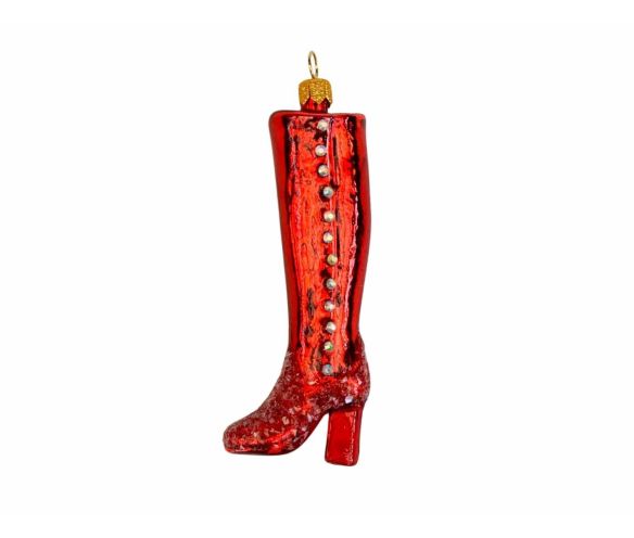 Botte rouge en verre soufflé, décoration de Noël artisanale avec perles et détails scintillants.