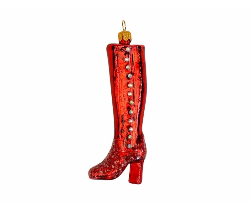 Botte rouge en verre soufflé, décoration de Noël artisanale avec perles et détails scintillants.