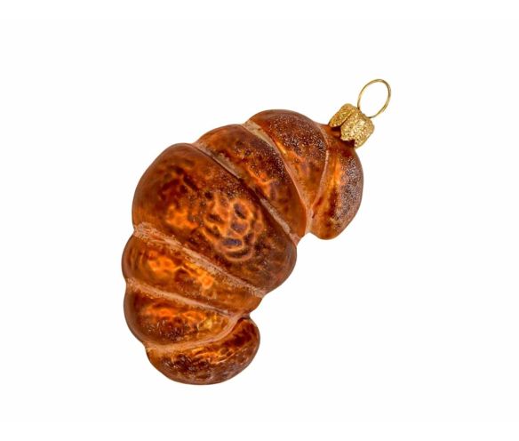 Boule de Noël originale en forme de croissant en verre soufflé et peint à la main. Hauteur 8cm.