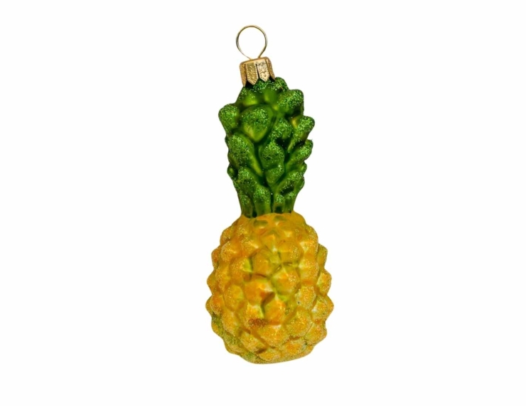 Boule de Noël ananas en verre soufflé, jaune et vert pour suspendre à votre sapin. Made in Europe. Hauteur 10cm.