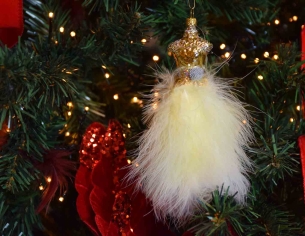 Boule de Noël robe dorée verre soufflé H16cm, made in Europe.