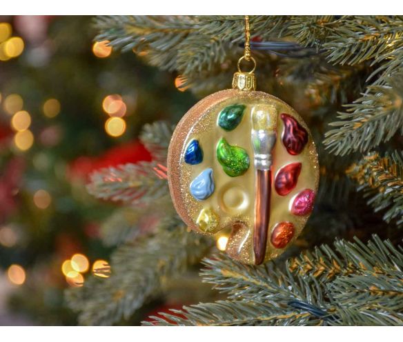 Boule de Noël originale palette de peintre avec son pinceau, verre soufflé Hauteur 10cm. Made in Europe
