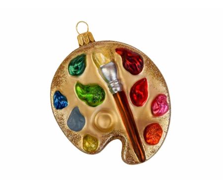 Boule de Noël originale palette de peintre avec son pinceau, verre soufflé Hauteur 10cm. Made in Europe