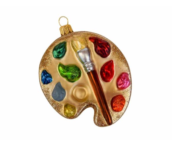 Boule de Noël originale palette de peintre avec son pinceau, verre soufflé Hauteur 10cm. Made in Europe