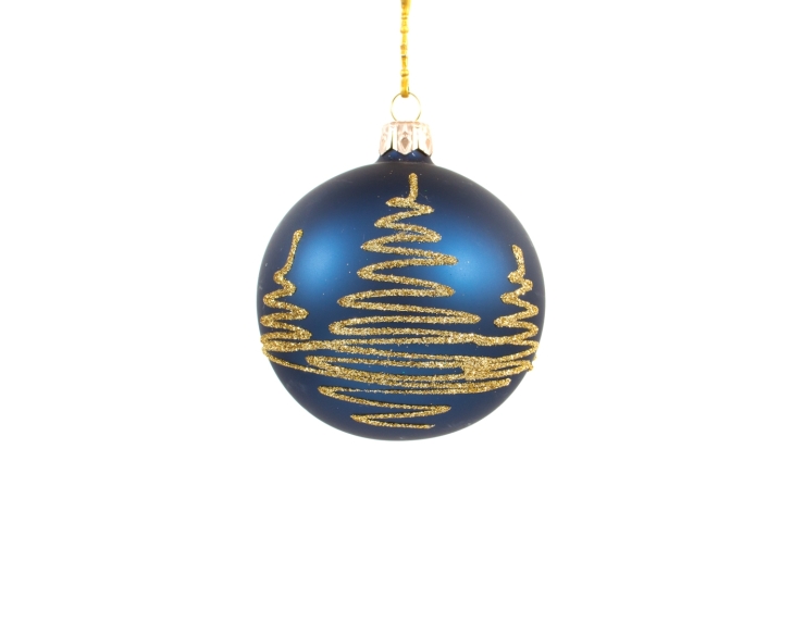 Boule De Noël Bleu Nuit Décor Sapin Doré ø 8cm