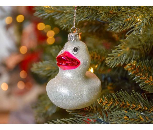 Suspension originale canard blanc et rose pour sapin de noël H 11cm