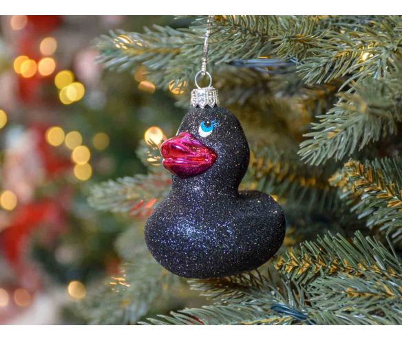 Suspension sapin de Noël originale canard noir avec bec rose, hauteur 11cm