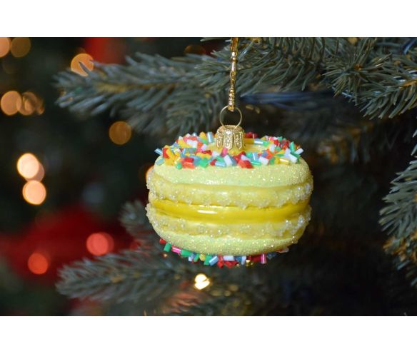 Suspension de Noël macaron jaune, verre soufflé. Made in Europe, hauteur : 6cm