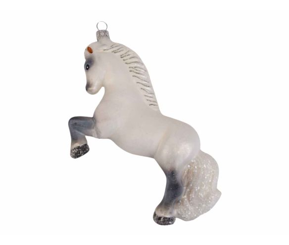 Suspension de Noël verre soufflé cheval blanc cabré crinière argentée sabots pailletés décorée main H18cm