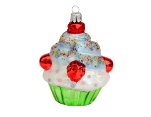 Suspension de Noël cupcake blanc et rouge, verre soufflé H11cm, Made in Europe.