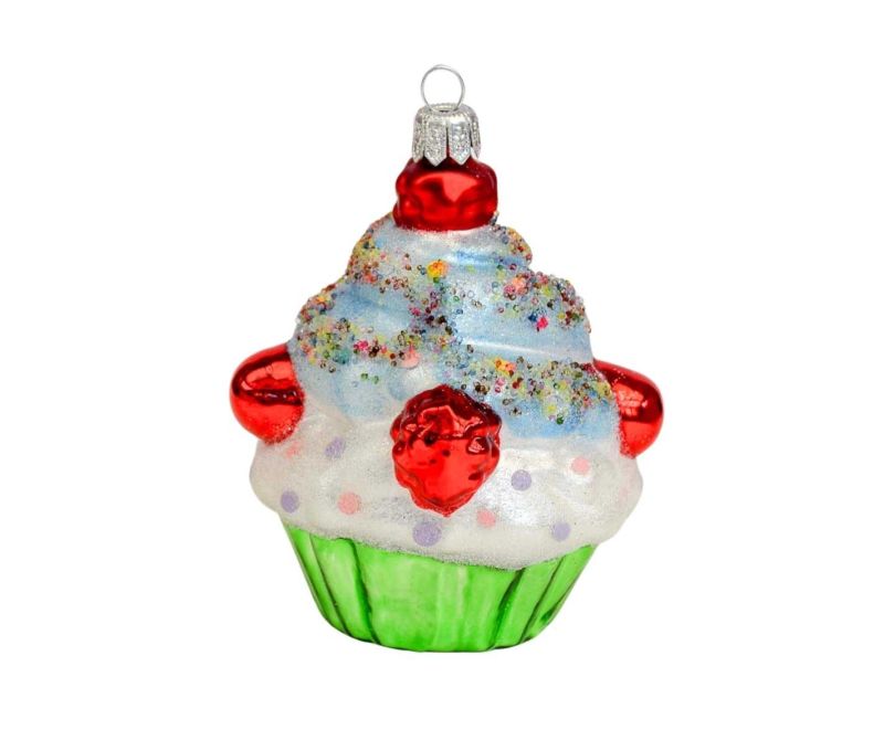 Suspension de Noël cupcake blanc et rouge, verre soufflé H11cm, Made in Europe.