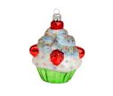See slide Suspension de Noël cupcake blanc et rouge, verre soufflé H11cm, Made in Europe.