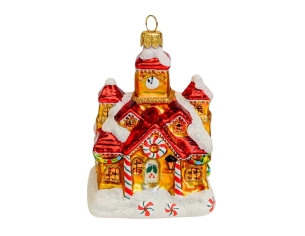 Boule de Noël église enneigée en verre soufflé et peinte à la main.  

Hauteur : 11cm