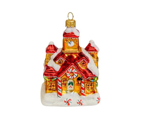 Boule de Noël église enneigée en verre soufflé et peinte à la main.  

Hauteur : 11cm