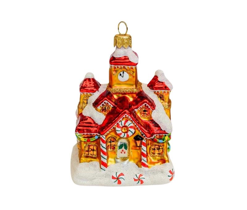 Boule de Noël église enneigée en verre soufflé et peinte à la main.  

Hauteur : 11cm
