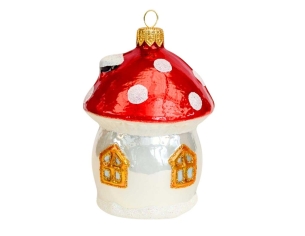 Boule de Noël champignon maison, verre soufflé pour suspendre au sapin. Hauteur 10cm, made in Europe