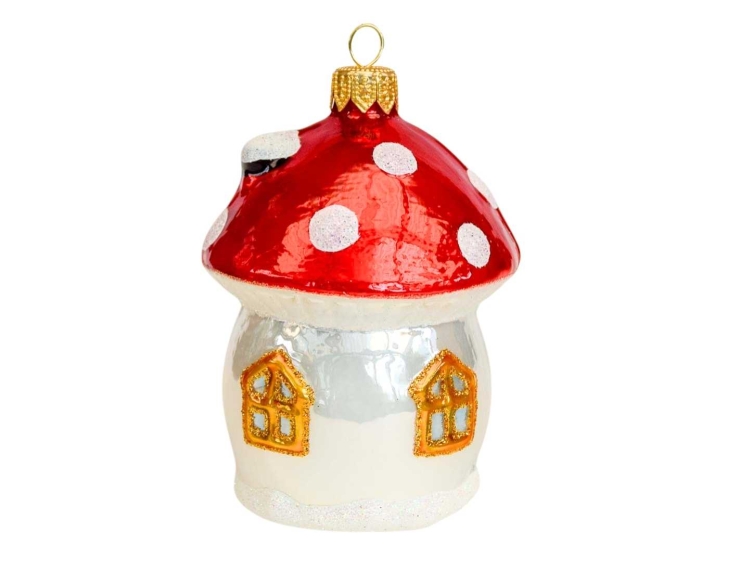 Boule de Noël champignon maison, verre soufflé pour suspendre au sapin. Hauteur 10cm, made in Europe