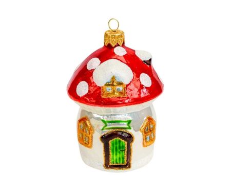 Boule de Noël champignon maison, verre soufflé pour suspendre au sapin. Hauteur 10cm, made in Europe