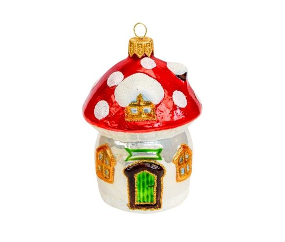 Boule de Noël champignon maison, verre soufflé pour suspendre au sapin. Hauteur 10cm, made in Europe