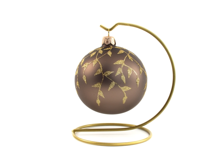 Boule de Noël taupe décor feuilles dorées verre soufflé ø 8cm