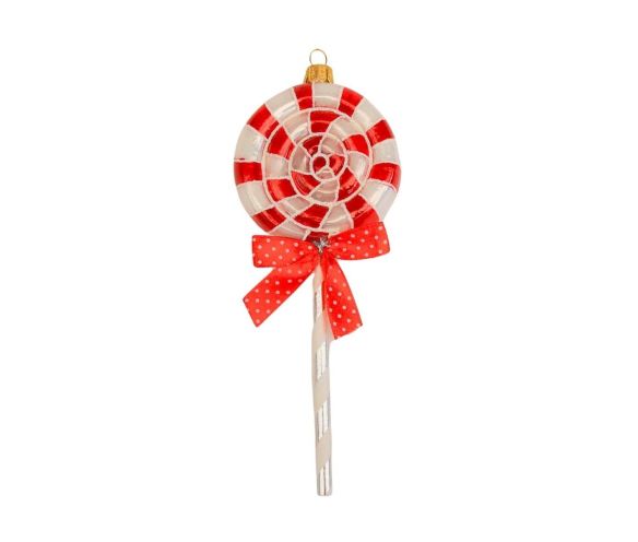 Suspension de Noël sucette blanche et rouge en verre soufflé, décoré à la main. Made in Europe, Hauteur : 18cm