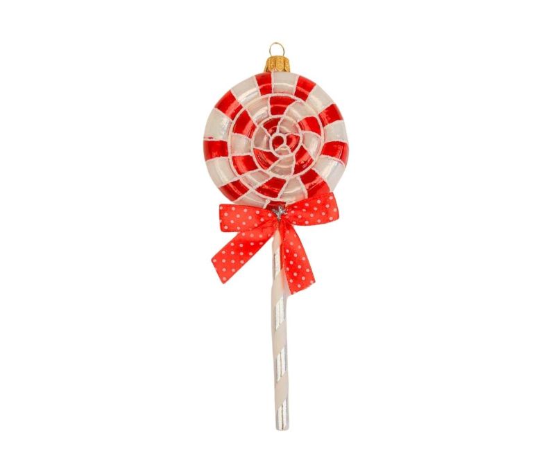 Suspension de Noël sucette blanche et rouge en verre soufflé, décoré à la main. Made in Europe, Hauteur : 18cm