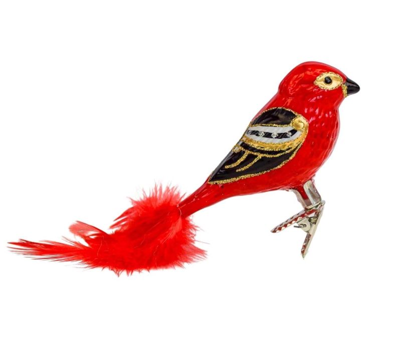 Boule de Noël oiseau cardinal rouge doré et noir en verre soufflé sur clip pour attacher à votre sapin de Noël.