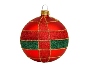 Boule de Noël rouge mat en verre, décor tartan en paillettes rouges et vertes, lignes dorées peintes à la main.