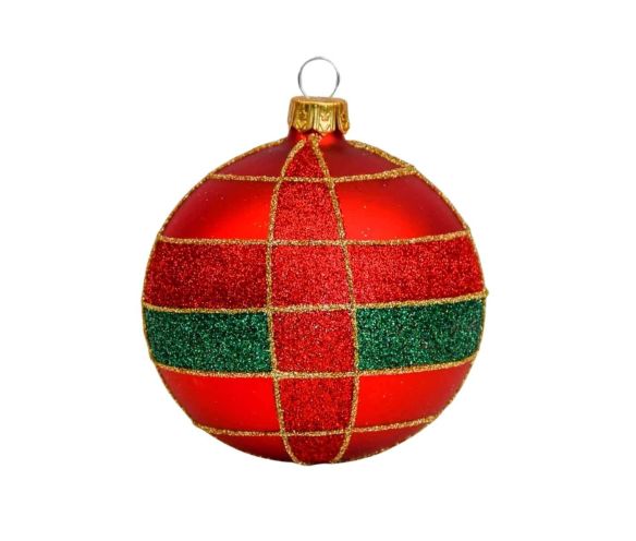 Boule de Noël rouge mat en verre, décor tartan en paillettes rouges et vertes, lignes dorées peintes à la main.