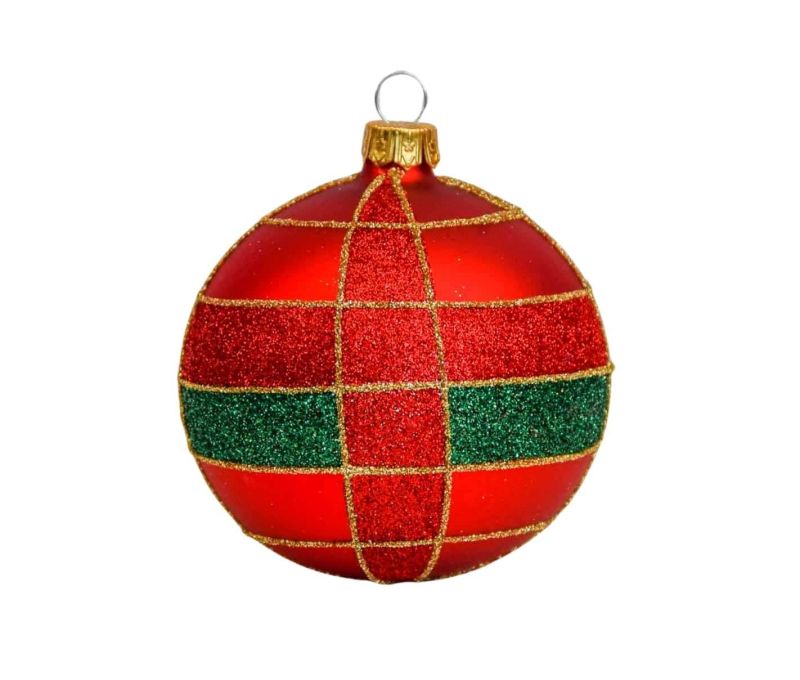Boule de Noël rouge mat en verre, décor tartan en paillettes rouges et vertes, lignes dorées peintes à la main.